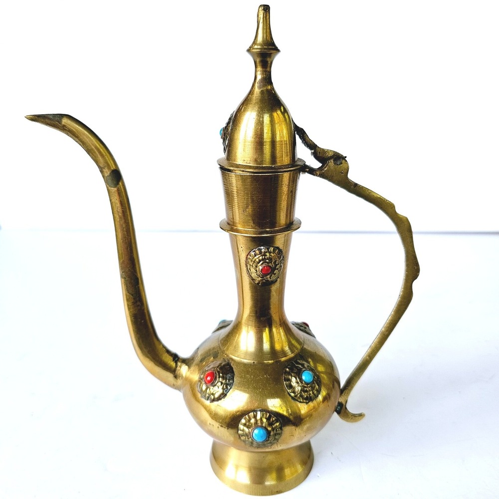 Vintage Brass Dallah Coffee Pot Turquoise Coral Accents Middle Eastern Decor 8in